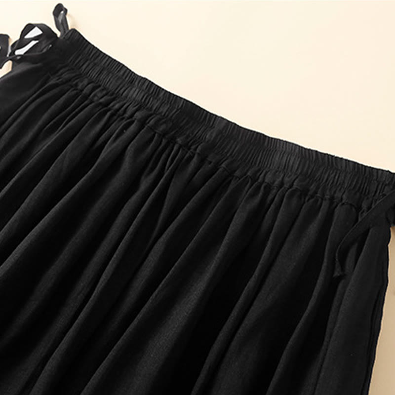 Buddha Stones Plain Lace Up Elastic Waist Linen Women's Skirt With Pockets