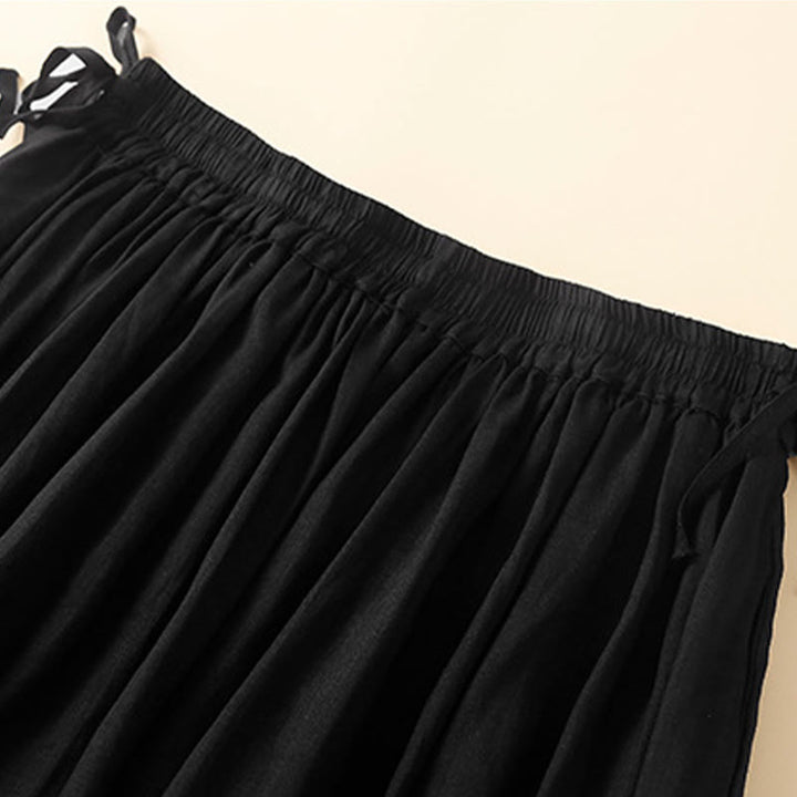 Buddha Stones Plain Lace Up Elastic Waist Linen Women's Skirt With Pockets