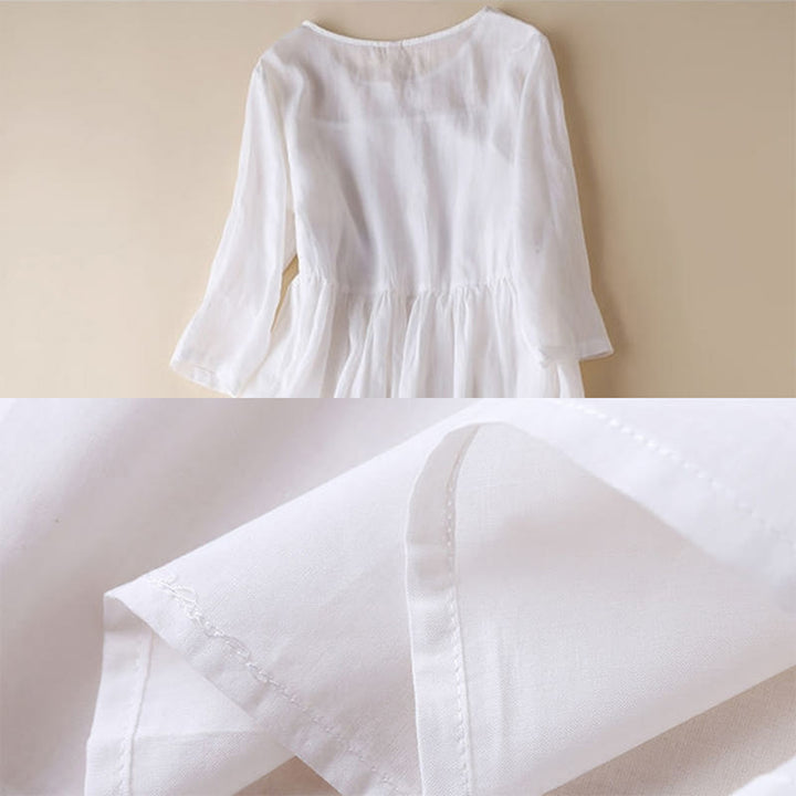 Buddha Stones Embroidery Geometry Nine-Quarter Sleeve Cotton Women's Midi Dress With Pockets