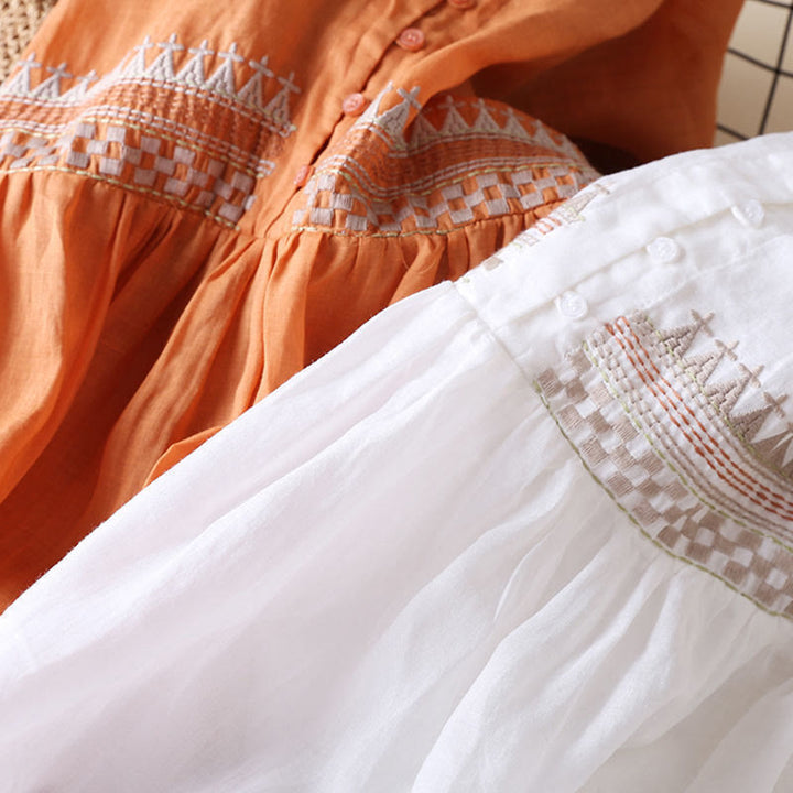 Buddha Stones Embroidery Geometry Nine-Quarter Sleeve Cotton Women's Midi Dress With Pockets