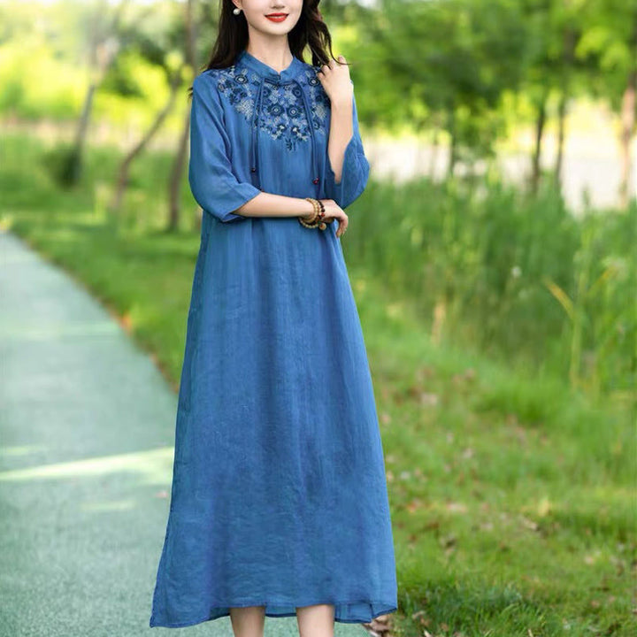 Buddha Stones Embroidery Flower Half Sleeve Cotton Linen Women's Midi Dress