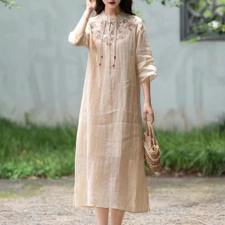 Buddha Stones Embroidery Flower Half Sleeve Cotton Linen Women's Midi Dress