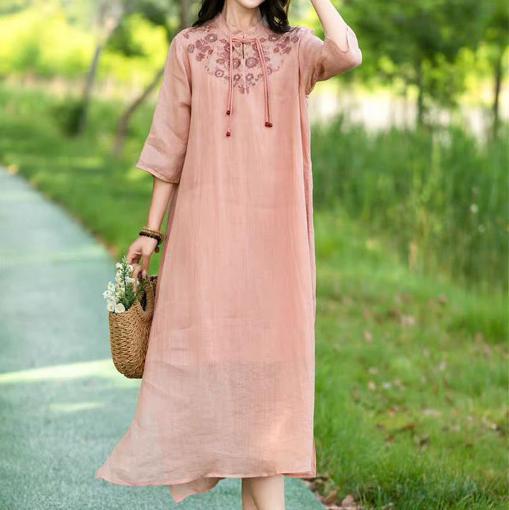 Buddha Stones Embroidery Flower Half Sleeve Cotton Linen Women's Midi Dress