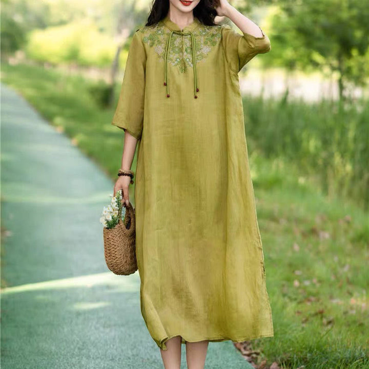 Buddha Stones Embroidery Flower Half Sleeve Cotton Linen Women's Midi Dress