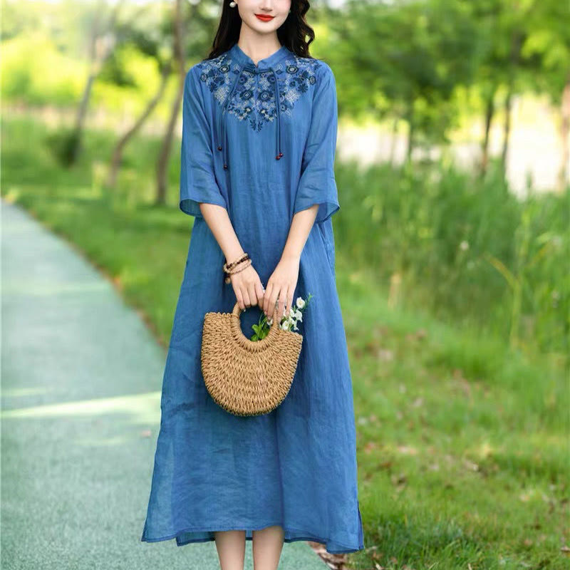 Buddha Stones Embroidery Flower Half Sleeve Cotton Linen Women's Midi Dress