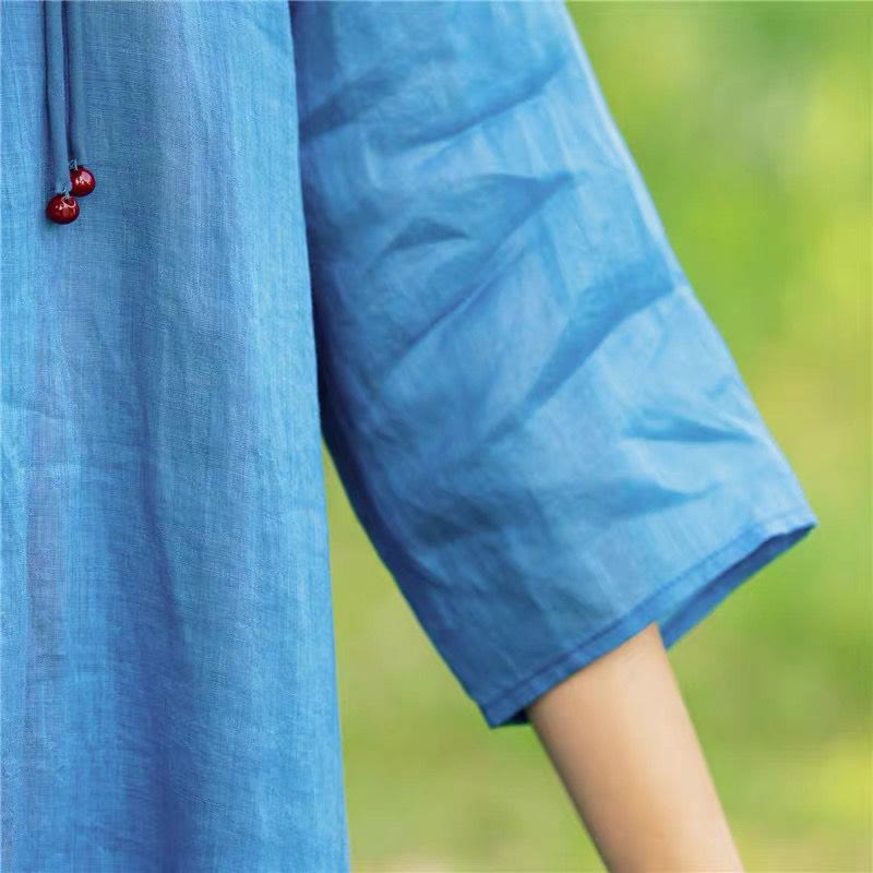 Buddha Stones Embroidery Flower Half Sleeve Cotton Linen Women's Midi Dress