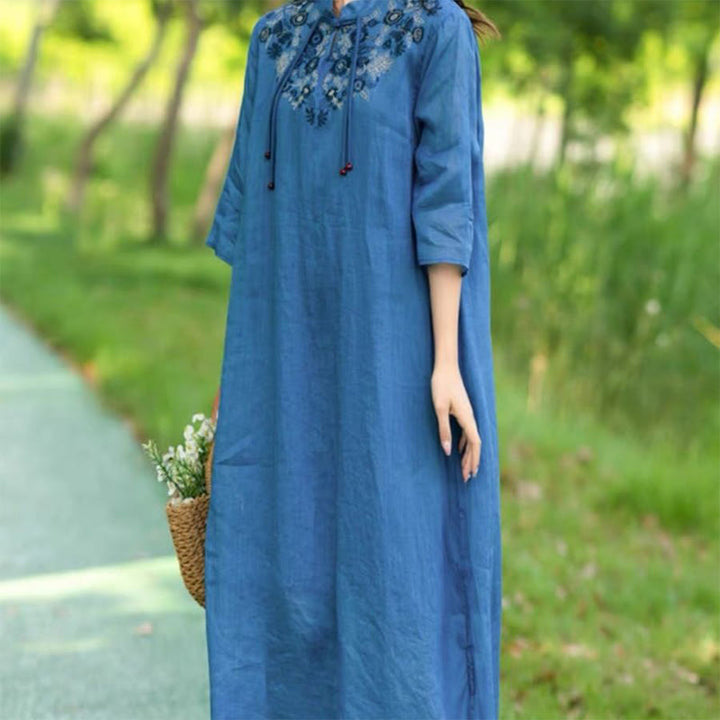Buddha Stones Embroidery Flower Half Sleeve Cotton Linen Women's Midi Dress