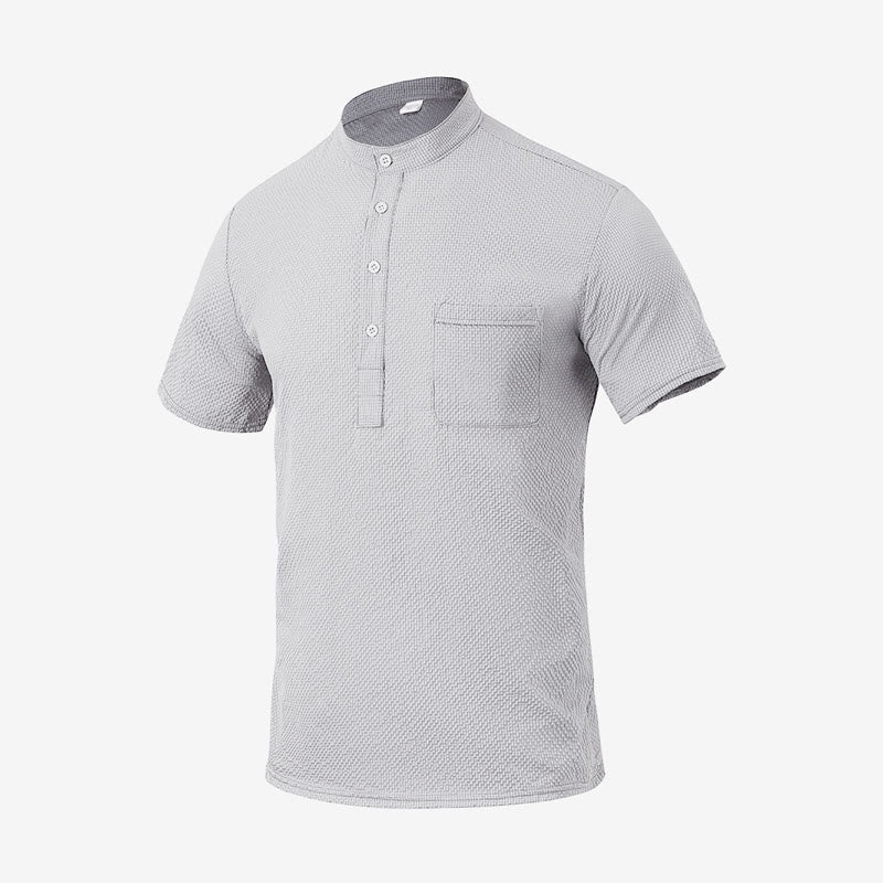 Buddha Stones Solid Color Polo Plaid Half Buttons Men's Short Sleeve Shirt - LightGrey - US/UK/AU46，EU56 (3XL) - image 21