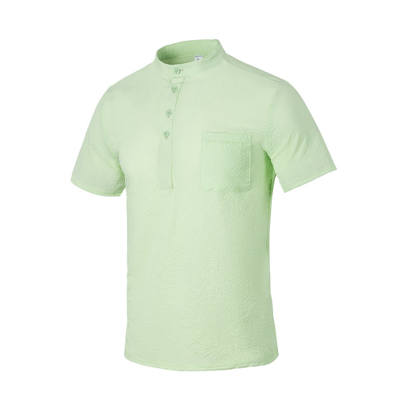 Buddha Stones Solid Color Polo Plaid Half Buttons Men's Short Sleeve Shirt - PaleGreen - US/UK/AU46，EU56 (3XL) - image 25