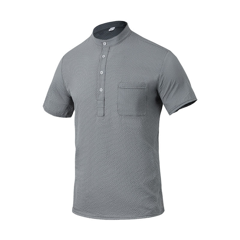 Buddha Stones Solid Color Polo Plaid Half Buttons Men's Short Sleeve Shirt - DarkGray - US/UK/AU46，EU56 (3XL) - image 16
