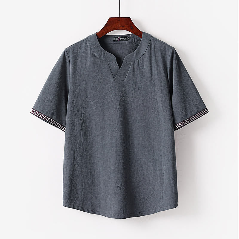 Buddha Stones Solid Short Sleeve Notched Neck Soft Cotton Men's T-Shirt