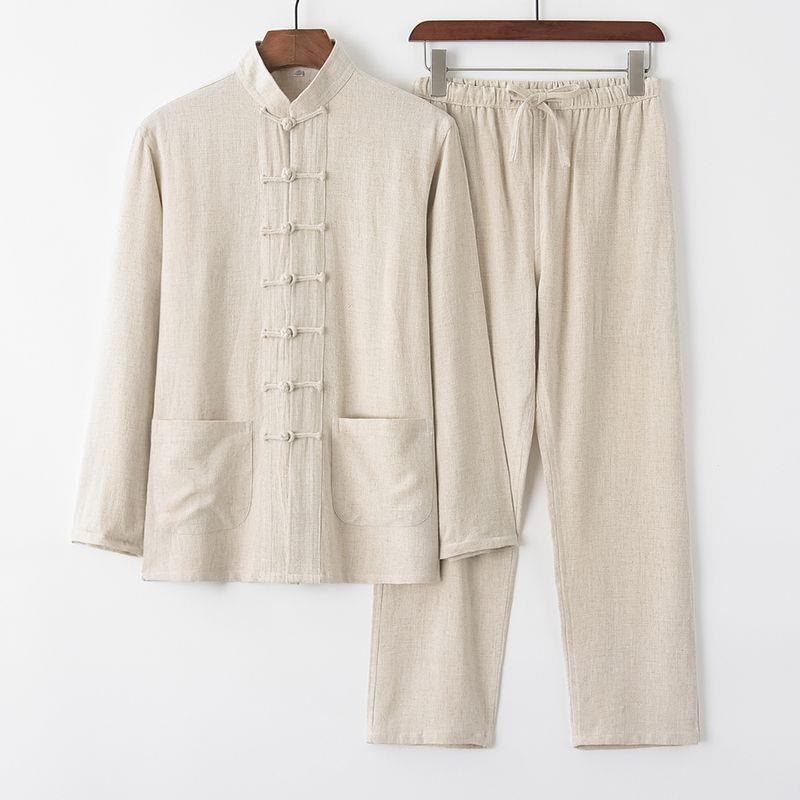Buddha Stones 2Pcs Tang Suit Frog-Button Long Sleeve Shirt Pants Linen Cotton Men's Set - Beige - US/UK/AU44，EU54 (4XL) - image 0