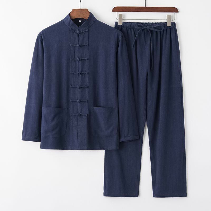 Buddha Stones 2Pcs Tang Suit Frog-Button Long Sleeve Shirt Pants Men's Set - SteelBlue - US/UK/AU42，EU52 (4XL) - image 13