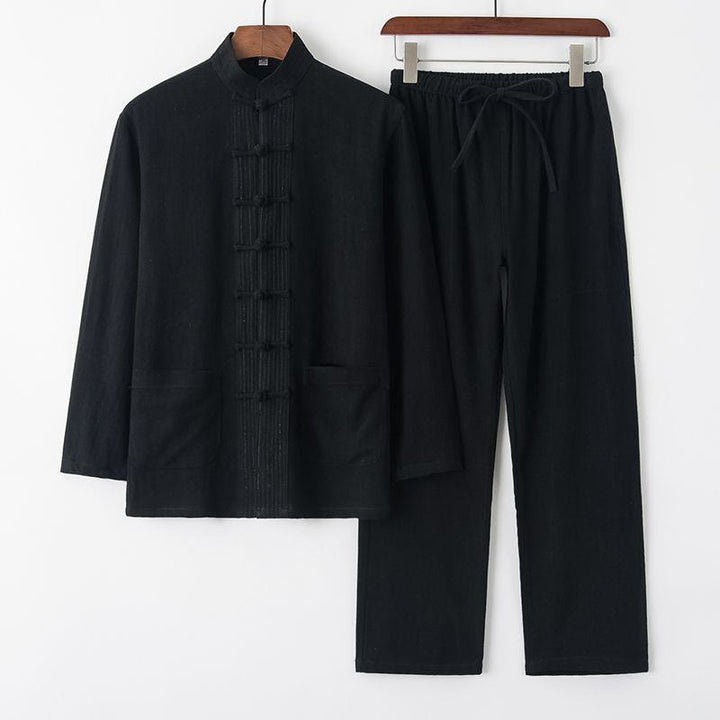 Buddha Stones 2Pcs Tang Suit Frog-Button Long Sleeve Shirt Pants Linen Cotton Men's Set - Black - US/UK/AU44，EU54 (4XL) - image 12