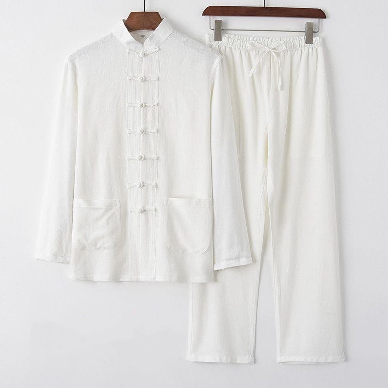 Buddha Stones 2Pcs Tang Suit Frog-Button Long Sleeve Shirt Pants Linen Cotton Men's Set - White - US/UK/AU44，EU54 (4XL) - image 10