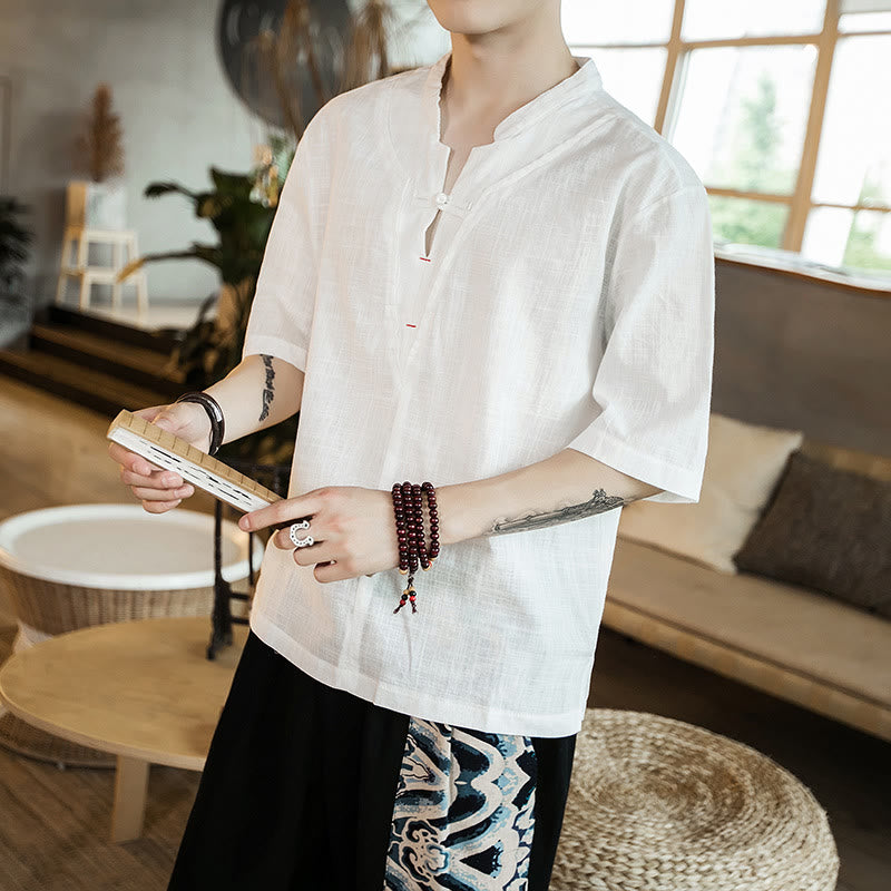 Buddha Stones Summer Plain Color Frog-Button Notched Neck Men's Half Sleeve Cotton Shirt - image 1