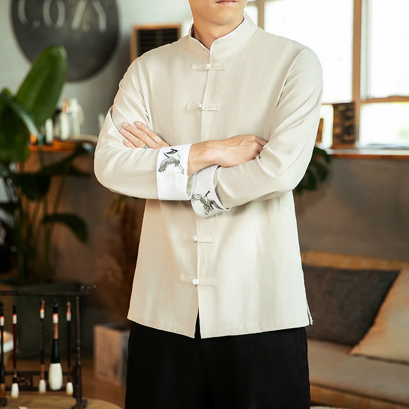 Buddha Stones Tang Suit Frog-Button Crane Embroidery Long Sleeve Cotton Men's Shirt - Beige - US/UK/AU46，EU56 (5XL) - image 8