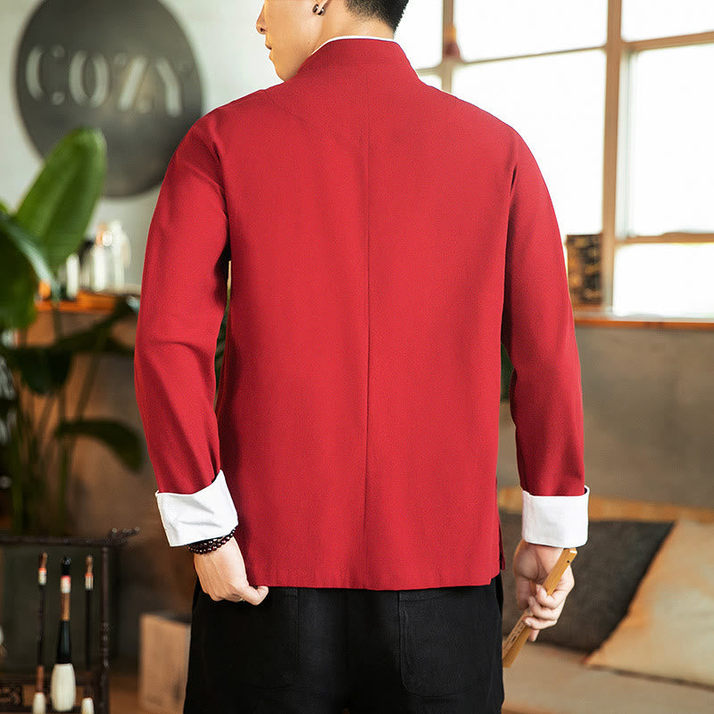 Buddha Stones Tang Suit Frog-Button Crane Embroidery Long Sleeve Cotton Men's Shirt - image 1