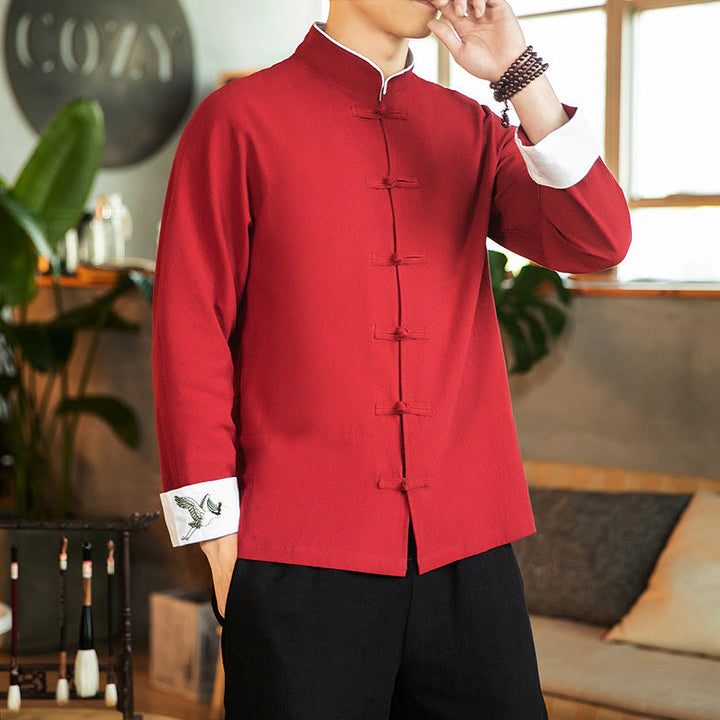 Buddha Stones Tang Suit Frog-Button Crane Embroidery Long Sleeve Cotton Men's Shirt - Red - US/UK/AU46，EU56 (5XL) - image 0
