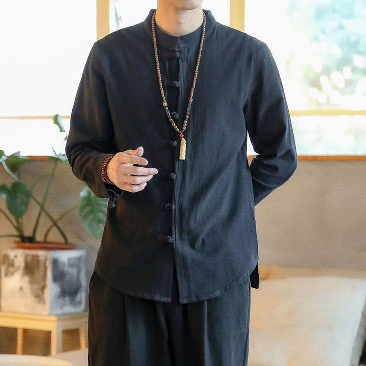 Buddha Stones Casual Stand Collar Frog-Button Long Sleeve Tang Suit Linen Men's Shirt - Black - US/UK/AU46，EU56 (5XL) - image 6