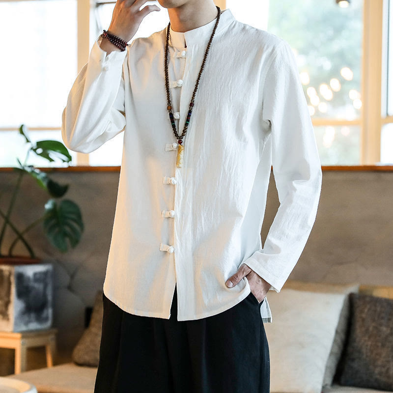 Buddha Stones Casual Stand Collar Frog-Button Long Sleeve Tang Suit Men's Shirt - White - US/UK/AU46，EU56 (5XL) - image 0