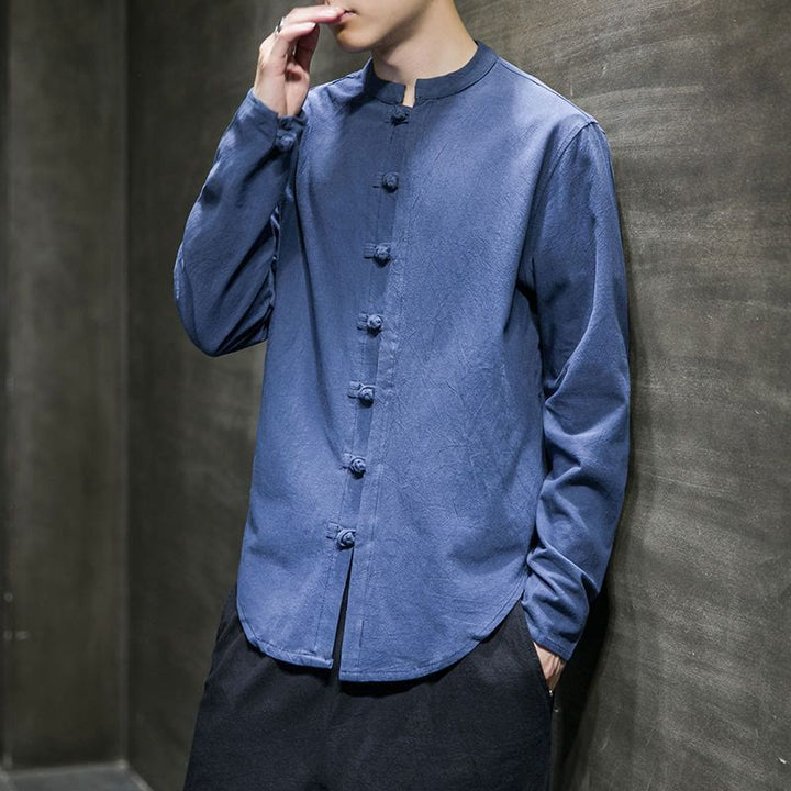 Buddha Stones Casual Stand Collar Frog-Button Long Sleeve Tang Suit Men's Shirt - CornflowerBlue - US/UK/AU46，EU56 (5XL) - image 14