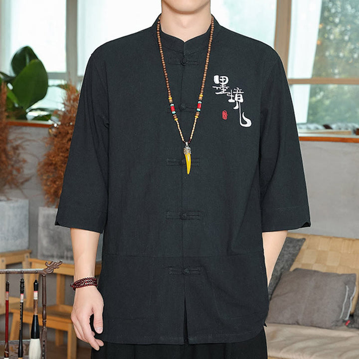Buddha Stones Frog-Button Chinese Tang Suit Three Quarter Sleeve Cotton Linen Men's Shirt