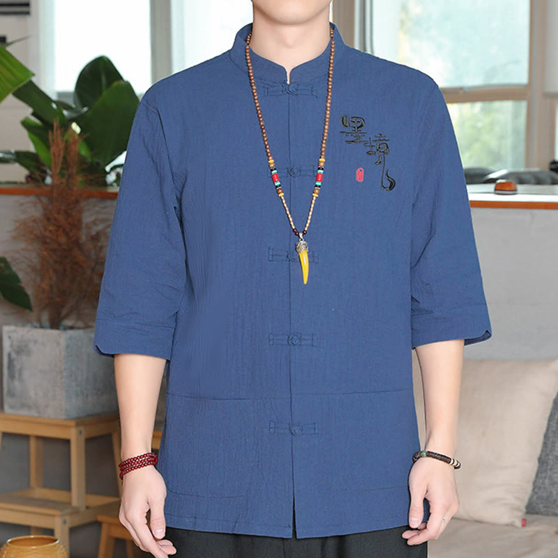 Buddha Stones Frog-Button Chinese Tang Suit Three Quarter Sleeve Cotton Linen Men's Shirt - SteelBlue - US/UK/AU46，EU56 (5XL) - image 22