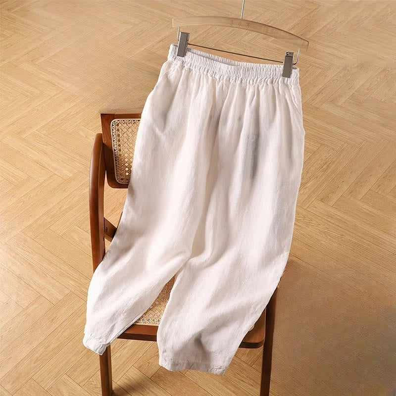 Buddha Stones Casual Plain High Waist Cotton Linen Women's Harem Pants With Pockets - FloralWhite - US14，UK/AU18，EU46 (4XL) - image 10