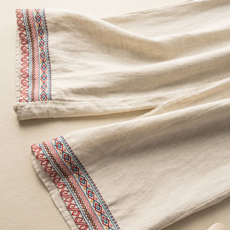 Buddha Stones Casual Embroidery Bohemian Pattern Drawstring Cotton Linen Women's Wide Leg Pants With Pockets - image 5
