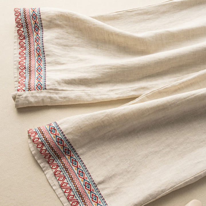 Buddha Stones Casual Embroidery Bohemian Pattern Drawstring Cotton Linen Women's Wide Leg Pants With Pockets - image 5