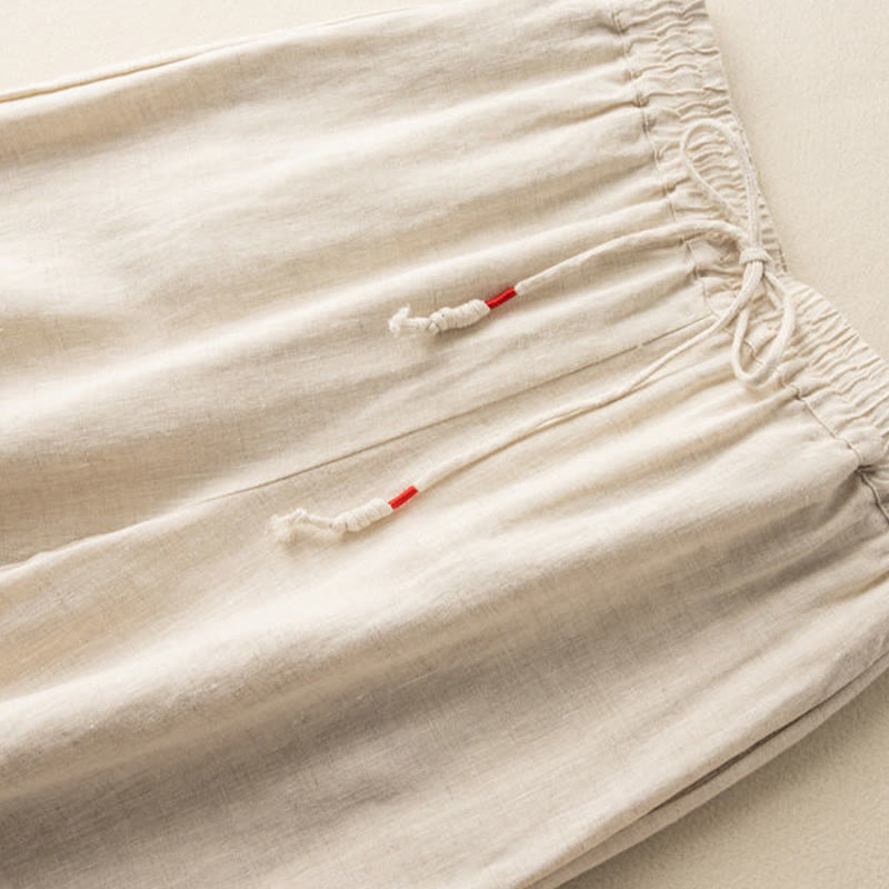 Buddha Stones Casual Embroidery Bohemian Pattern Drawstring Cotton Linen Women's Wide Leg Pants With Pockets - image 3