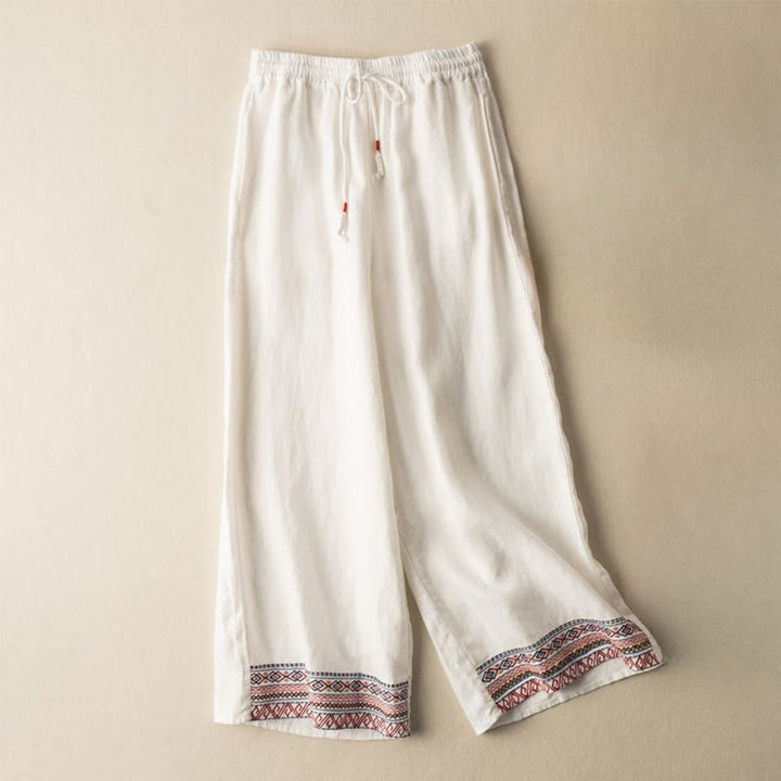 Buddha Stones Casual Embroidery Bohemian Pattern Drawstring Cotton Linen Women's Wide Leg Pants With Pockets - OldLace - US12，UK/AU16，EU44 (XL) - image 13