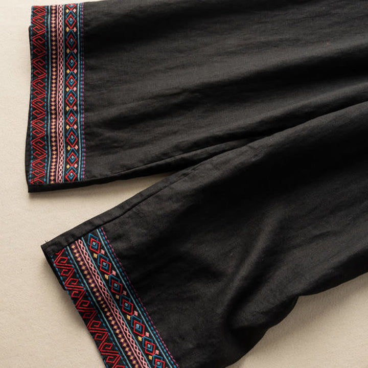 Buddha Stones Casual Embroidery Bohemian Pattern Drawstring Cotton Linen Women's Wide Leg Pants With Pockets - image 11