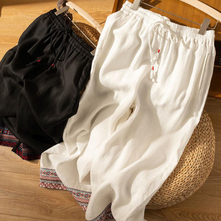 Buddha Stones Casual Embroidery Bohemian Pattern Drawstring Cotton Linen Women's Wide Leg Pants With Pockets - image 18