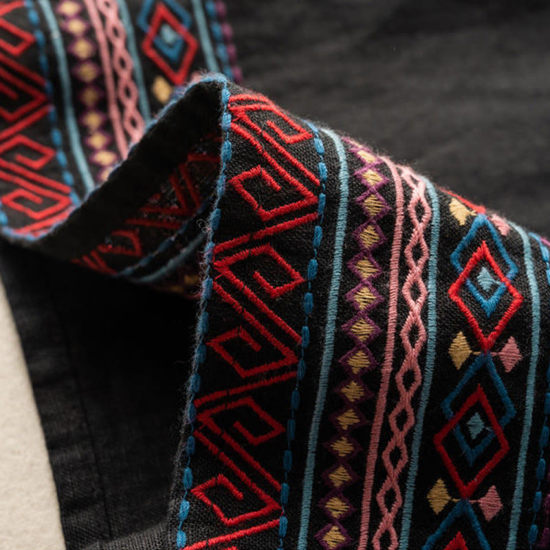 Buddha Stones Casual Embroidery Bohemian Pattern Drawstring Cotton Linen Women's Wide Leg Pants With Pockets - image 12