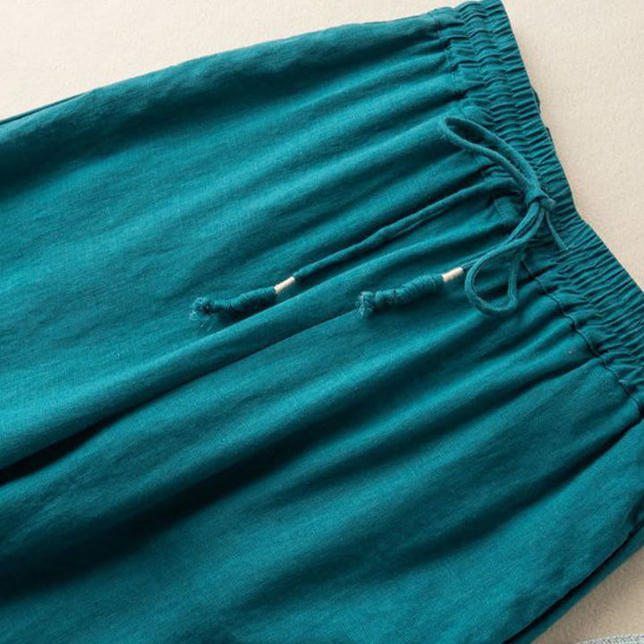 Buddha Stones Casual Embroidery Bohemian Pattern Drawstring Cotton Linen Women's Wide Leg Pants With Pockets - image 7