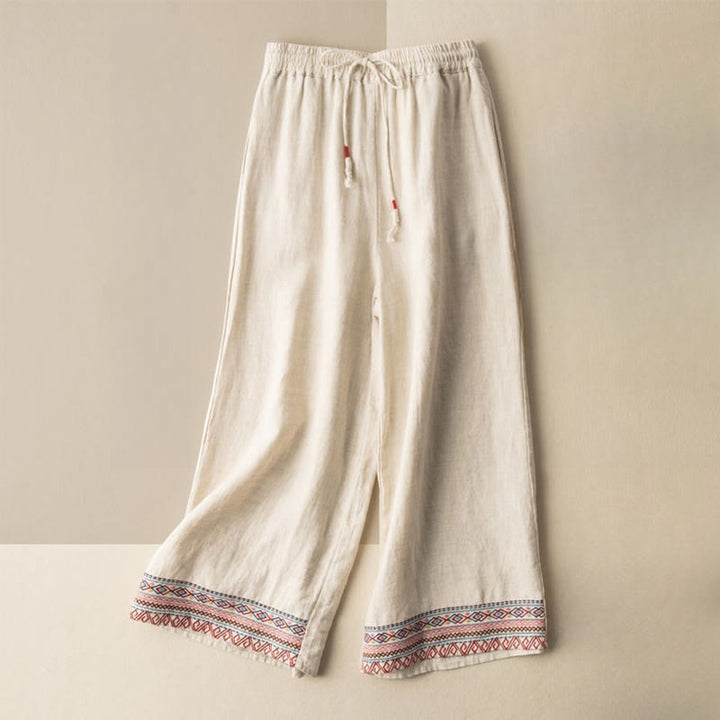 Buddha Stones Casual Embroidery Bohemian Pattern Drawstring Cotton Linen Women's Wide Leg Pants With Pockets - Beige - US12，UK/AU16，EU44 (XL) - image 0