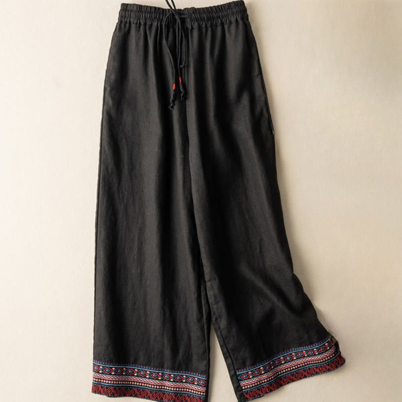 Buddha Stones Casual Embroidery Bohemian Pattern Drawstring Cotton Linen Women's Wide Leg Pants With Pockets - Black - US12，UK/AU16，EU44 (XL) - image 9
