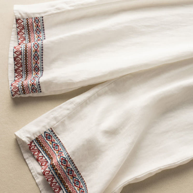 Buddha Stones Casual Embroidery Bohemian Pattern Drawstring Cotton Linen Women's Wide Leg Pants With Pockets - image 15