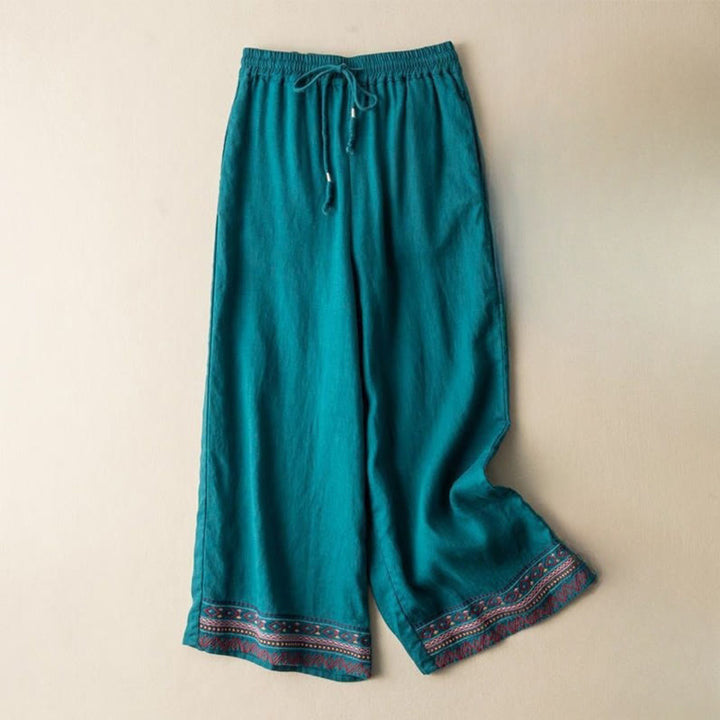 Buddha Stones Casual Embroidery Bohemian Pattern Drawstring Cotton Linen Women's Wide Leg Pants With Pockets - LightSeaGreen - US12，UK/AU16，EU44 (XL) - image 6