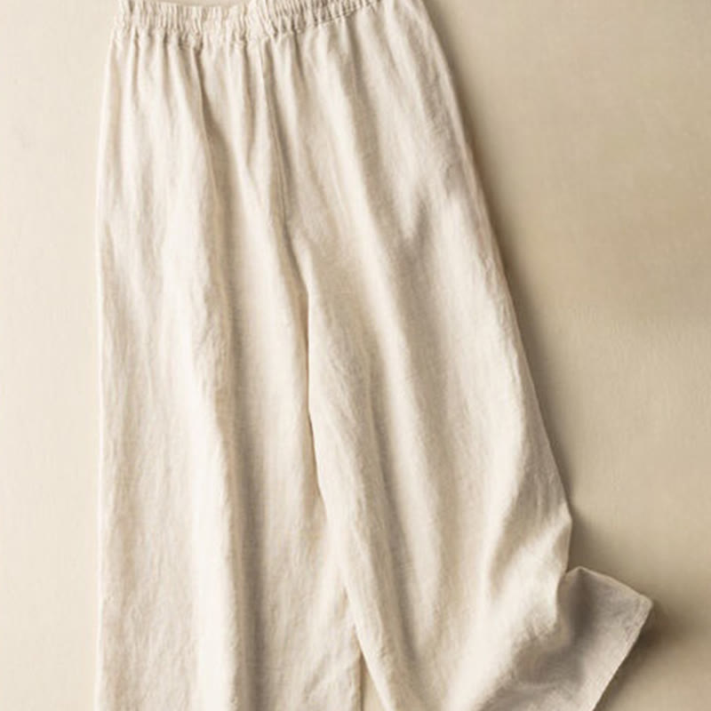 Buddha Stones Casual Embroidery Bohemian Pattern Drawstring Cotton Linen Women's Wide Leg Pants With Pockets - image 2