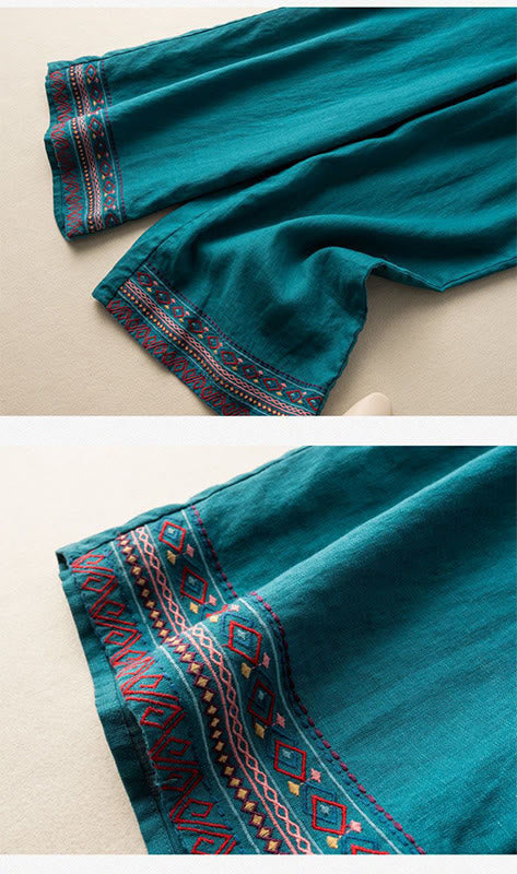 Buddha Stones Casual Embroidery Bohemian Pattern Drawstring Cotton Linen Women's Wide Leg Pants With Pockets - image 8