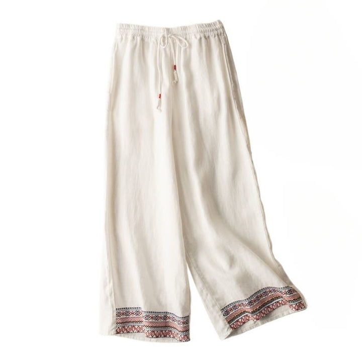 Buddha Stones Casual Embroidery Bohemian Pattern Drawstring Cotton Linen Women's Wide Leg Pants With Pockets - image 17