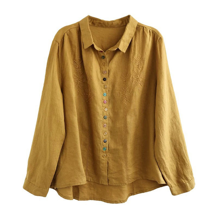 Buddha Stones Spring Embroidery Long Sleeve Colorful Button Label Cotton Linen Women's Shirt - image 3