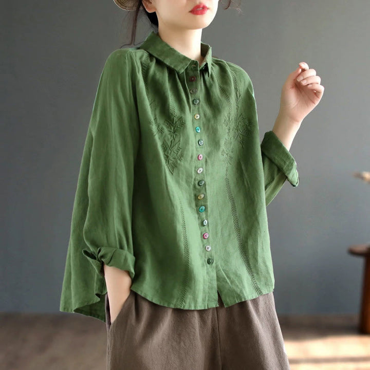 Buddha Stones Spring Embroidery Long Sleeve Colorful Button Label Cotton Linen Women's Shirt - MediumSeaGreen - US12，UK/AU16，EU44 (2XL) - image 9