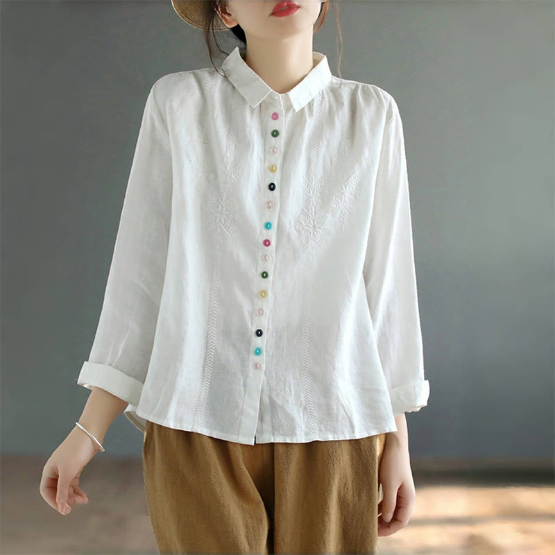 Buddha Stones Spring Embroidery Long Sleeve Colorful Button Label Cotton Linen Women's Shirt