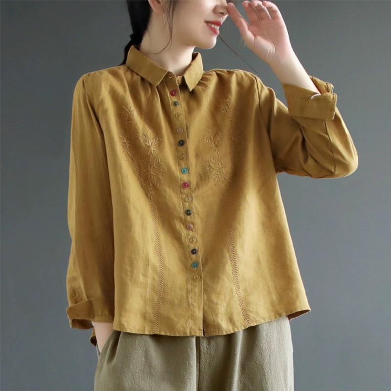 Buddha Stones Spring Embroidery Long Sleeve Colorful Button Label  Women's Shirt - DarkGoldenrod - US12，UK/AU16，EU44 (2XL) - image 0