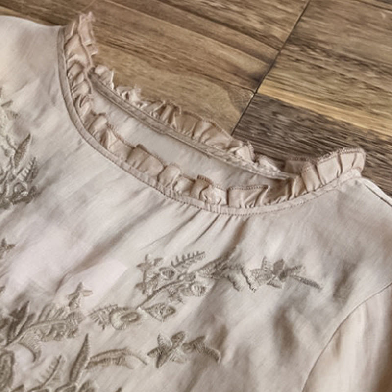 Buddha Stones Casual Embroidery Half Puff Sleeve Ruffles Crew Neck Cotton Linen Women's T-Shirt - image 9