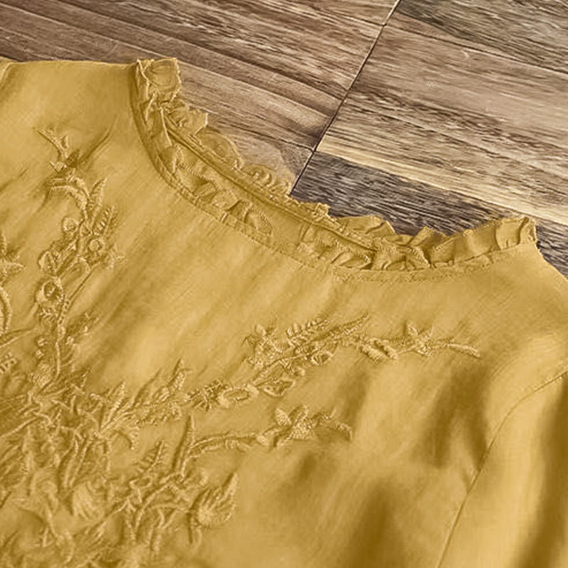 Buddha Stones Casual Embroidery Half Puff Sleeve Ruffles Crew Neck Cotton Linen Women's T-Shirt - image 13